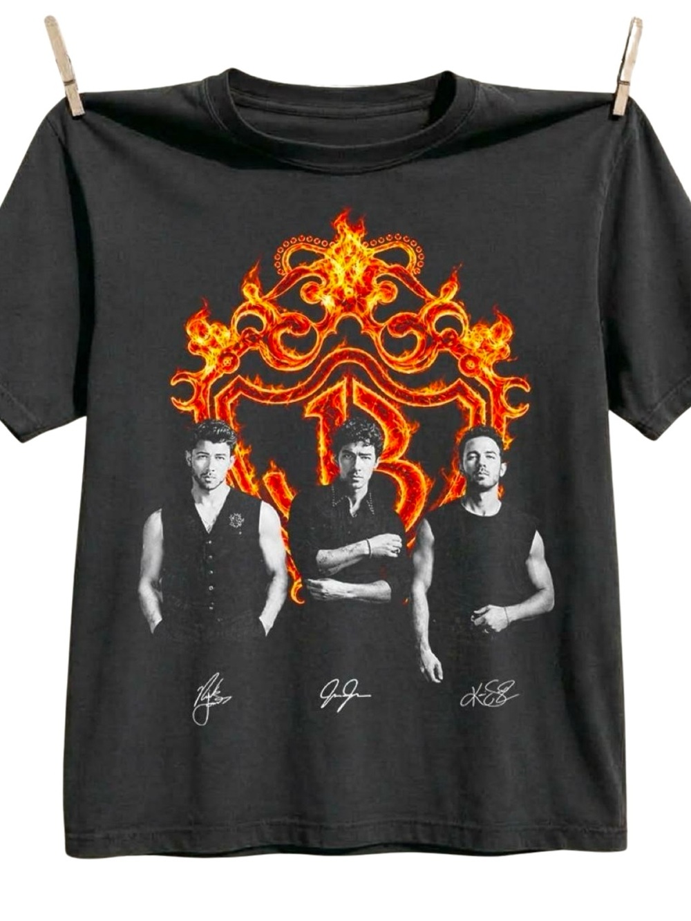 Jonas Brothers Signatures Flaming Crest Black Band Tee